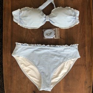 Blue and white striped swim suit